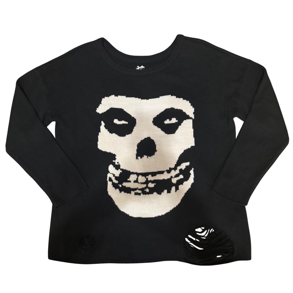 Misfits Fiend Skull Distressed Black‎ Knit Sweater Womens M Punk Rock Iron Fist